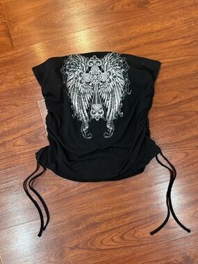 Black Women's Strapless Top with Silver Angel Wing Graphic